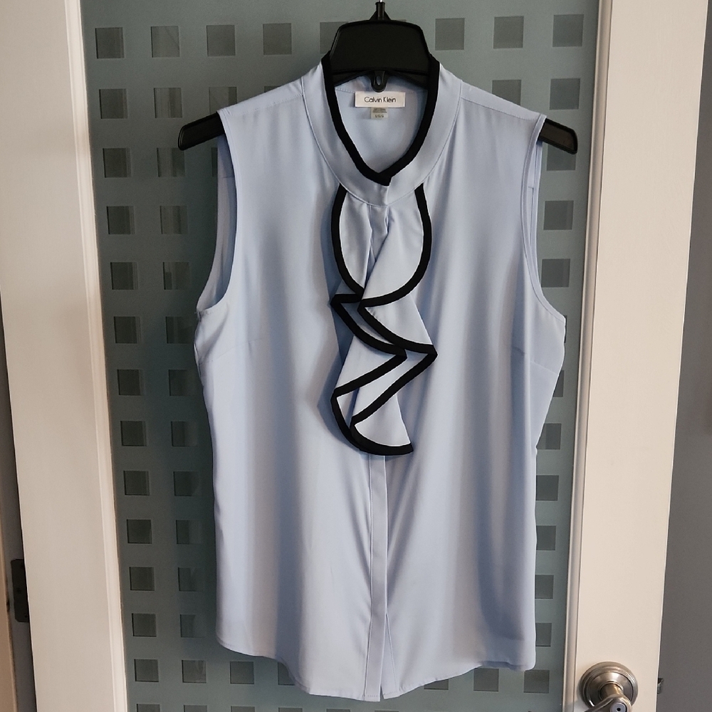 Calvin Klein Blue Sleeveless Blouse with Black Trim (size L)